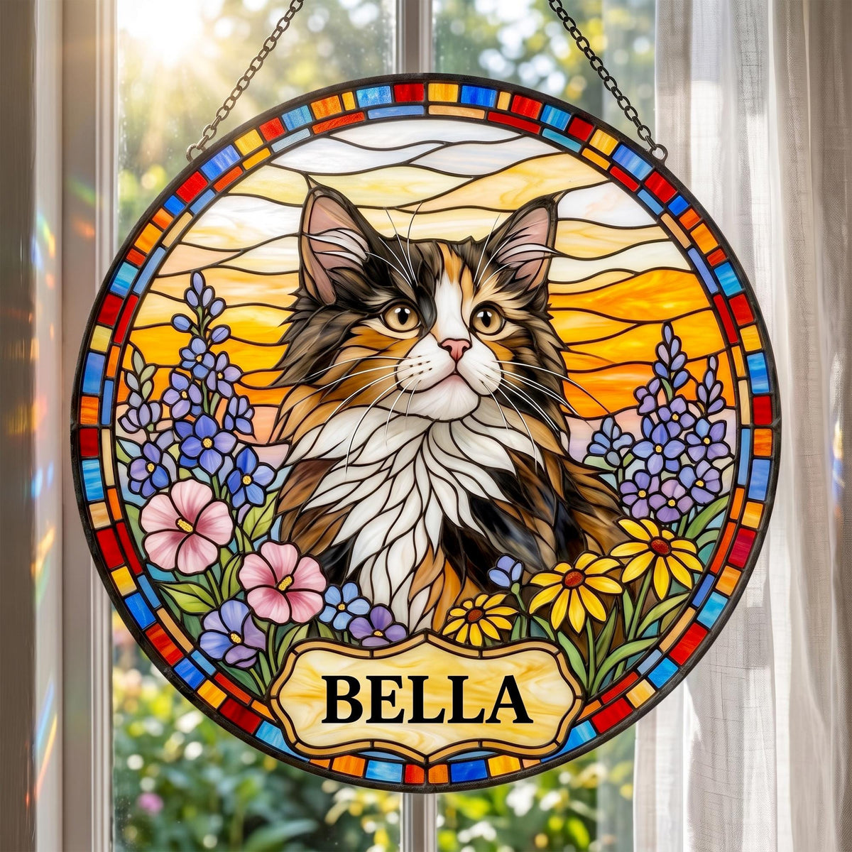 A circular stained glass suncatcher featuring a calico cat surrounded by purple, pink, and yellow flowers against a sunset sky. The piece has a decorative border of red and blue glass segments and a central plaque with the name BELLA.