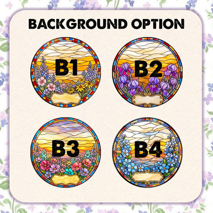 Four circular stained glass style designs labeled B1, B2, B3, and B4 under the heading BACKGROUND OPTION. Each design features a sunset sky, floral arrangements, and a blank rectangular label at the bottom with a colorful border.