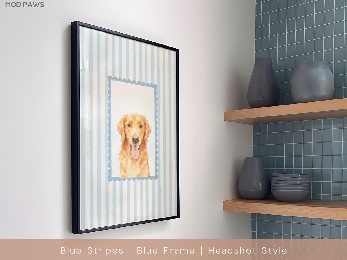 A framed print featuring a watercolor portrait of a Golden Retriever dog. The artwork is set against a backdrop of blue and white vertical stripes and framed in a black frame. The text at the bottom reads "Blue Stripes | Blue Frame | Headshot Style."