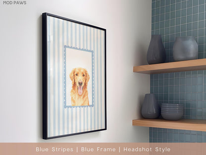 A framed print featuring a watercolor portrait of a Golden Retriever dog. The artwork is set against a backdrop of blue and white vertical stripes and framed in a black frame. The text at the bottom reads "Blue Stripes | Blue Frame | Headshot Style."