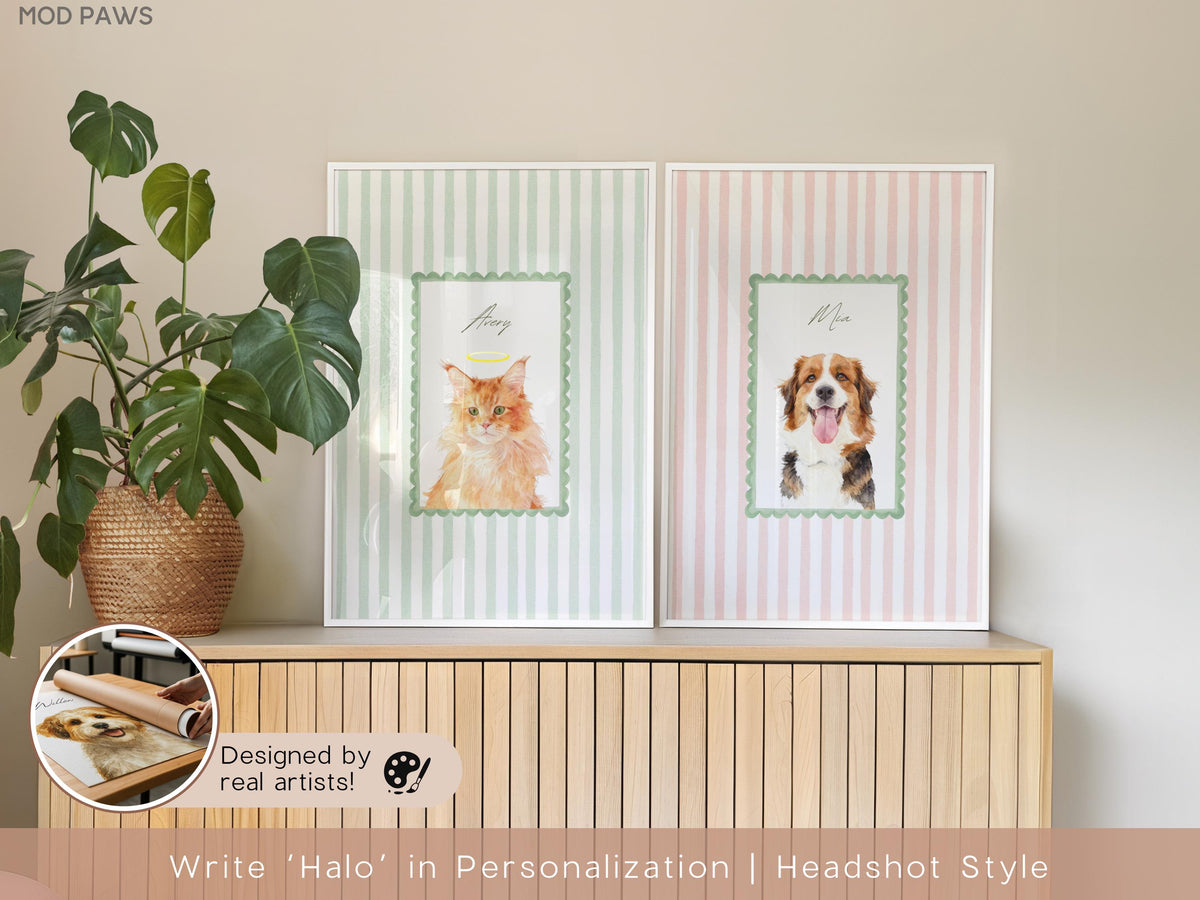 Two framed pet portraits with watercolor illustrations of a cat and a dog. The cat portrait is labeled "Amy" and the dog portrait is labeled "Mia". The frames have a striped background. The text "Designed by real artists!" is visible.