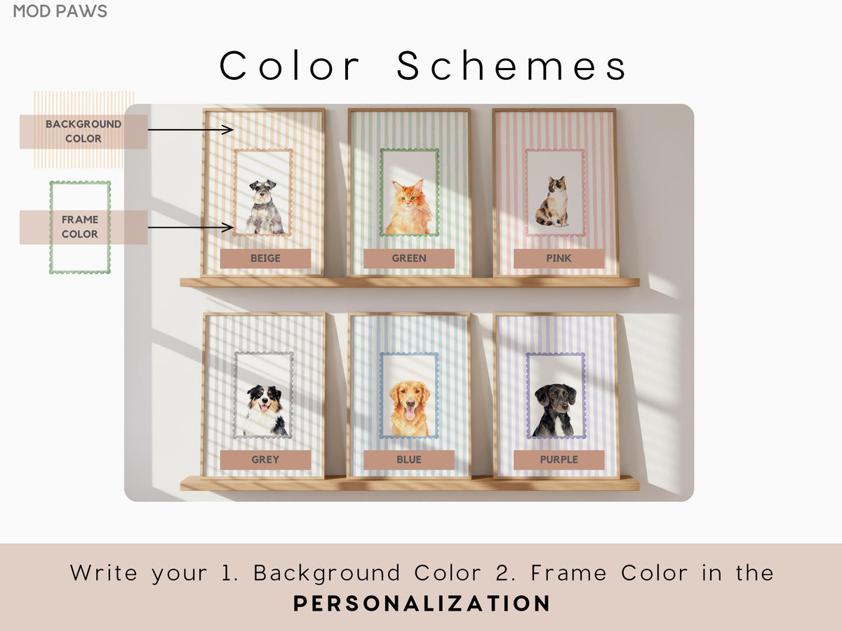 A display of framed pet portraits with various color schemes. Each frame features a different pet illustration, with options for beige, green, pink, grey, blue, and purple color schemes. Text on the image reads "Color Schemes" and "Write your 1. Background Color 2. Frame Color in the PERSONALIZATION."