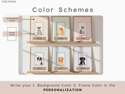 A display of framed pet portraits with various color schemes. Each frame features a different pet illustration, with options for beige, green, pink, grey, blue, and purple color schemes. Text on the image reads "Color Schemes" and "Write your 1. Background Color 2. Frame Color in the PERSONALIZATION."