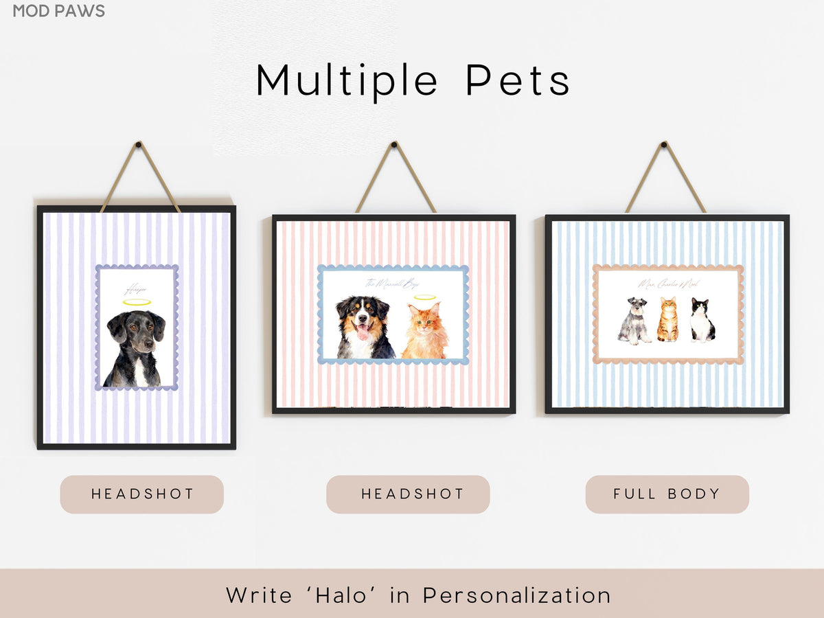 Three framed pet portraits with black frames hang against a white wall. The portraits feature watercolor illustrations of dogs and cats with halos, set against striped backgrounds. The text "Multiple Pets" is at the top.
