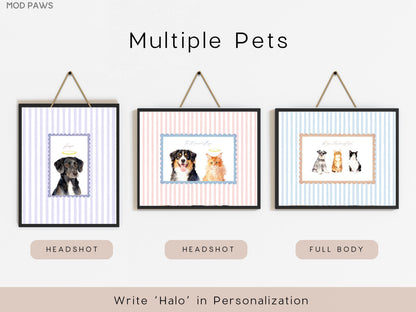 Three framed pet portraits with black frames hang against a white wall. The portraits feature watercolor illustrations of dogs and cats with halos, set against striped backgrounds. The text "Multiple Pets" is at the top.