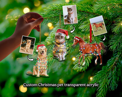 Christmas tree ornaments featuring pets, including a dog, cat, and horse, each adorned with festive lights and Santa hats. The ornaments are transparent acrylic and include small photos of the pets. The text "Custom Christmas pet transparent acrylic" is at the bottom.