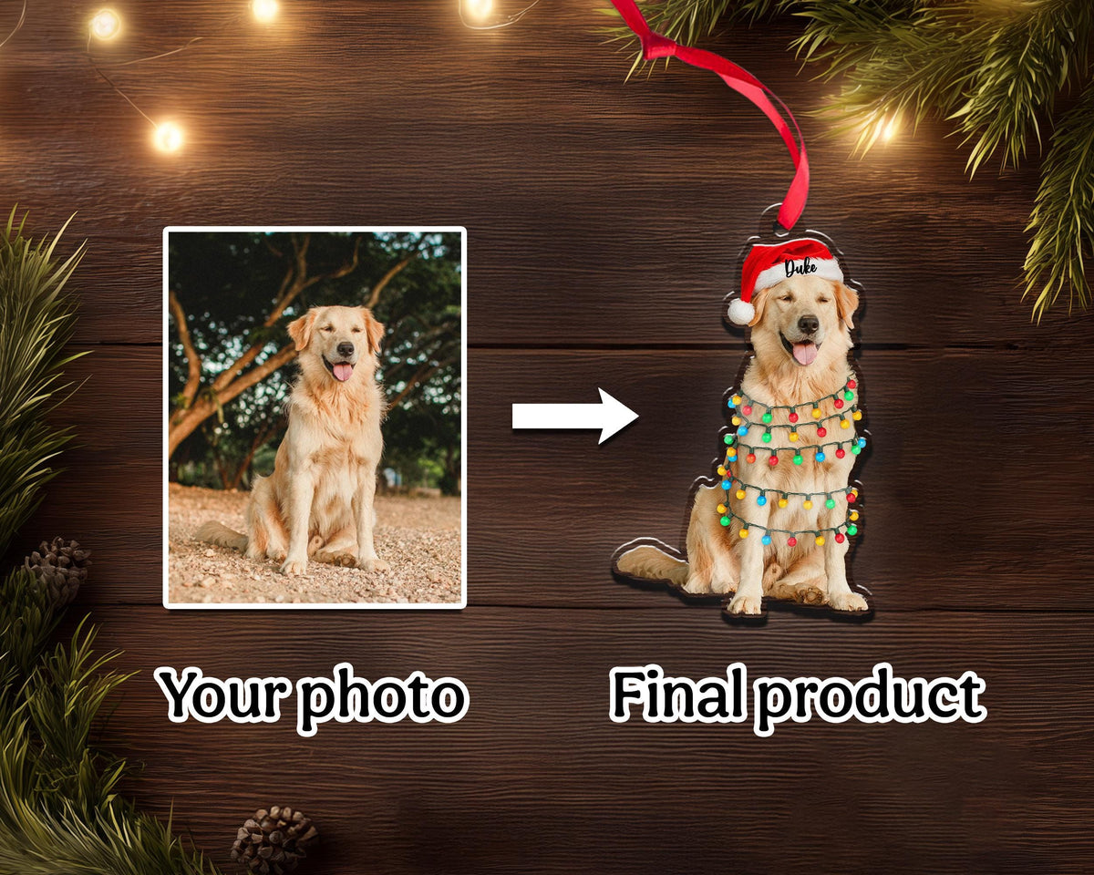 A Golden Retriever dog ornament with a Santa hat and string lights. The ornament is a personalized product, with the text "Duke" on the hat. The image shows the transformation from a photo to the final product. The text "Your photo" and "Final product" are also visible.