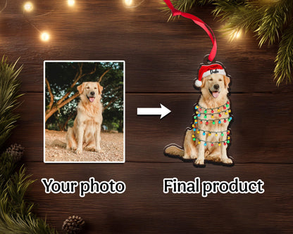 A Golden Retriever dog ornament with a Santa hat and string lights. The ornament is a personalized product, with the text "Duke" on the hat. The image shows the transformation from a photo to the final product. The text "Your photo" and "Final product" are also visible.