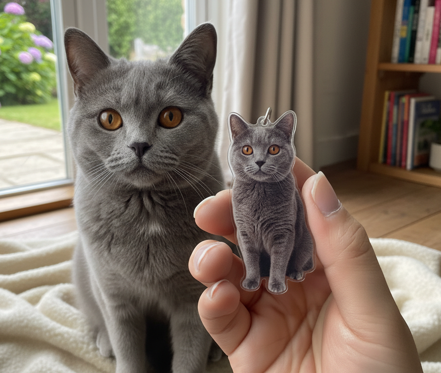 British Shorthair Photo Keychain - Personalized Acrylic Cat Keychain Cut To Shape - Gift For Cat Lovers