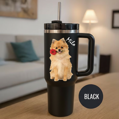 Custom Dog Memorial Photo Tumbler With Name - Personalized 40 oz Pet Portrait Cup With Handle - Dog Lover Gift