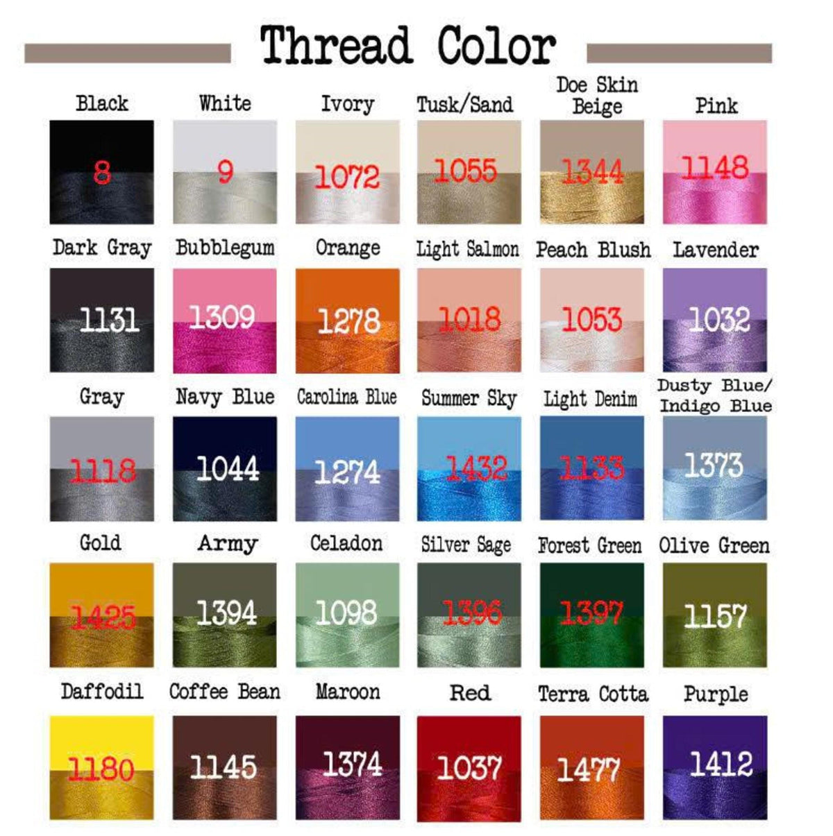 A color chart titled Thread Color displaying thirty distinct thread shades in a grid. Each square features a color name, a corresponding color block, and a unique red numerical code for identification, ranging from 8 to 1477.