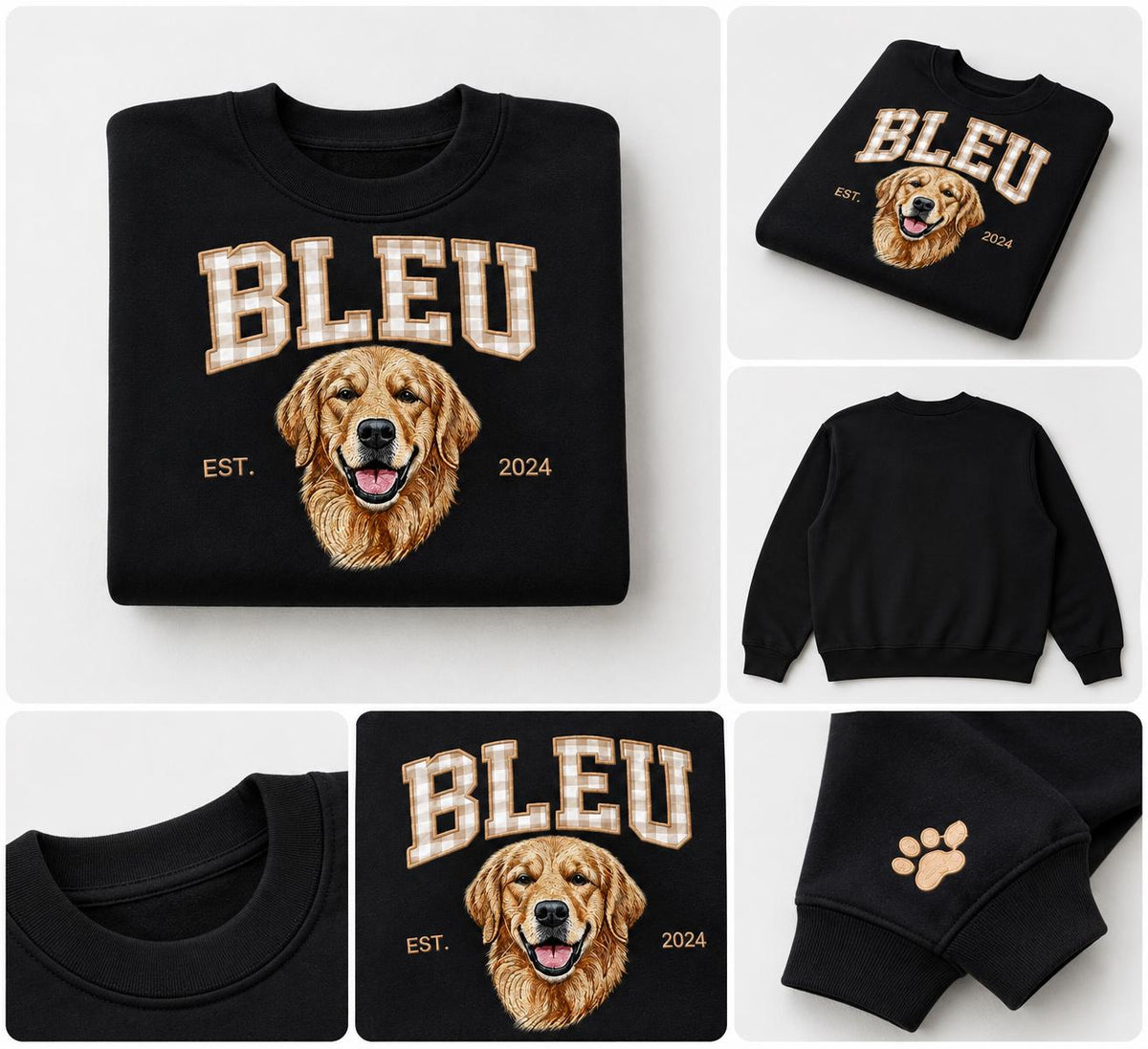 A black crewneck sweatshirt featuring a graphic of a golden retriever's face. Above the dog, the word BLEU is printed in a beige and white gingham pattern. The text EST. and 2024 flank the dog. A small beige paw print is on the sleeve.
