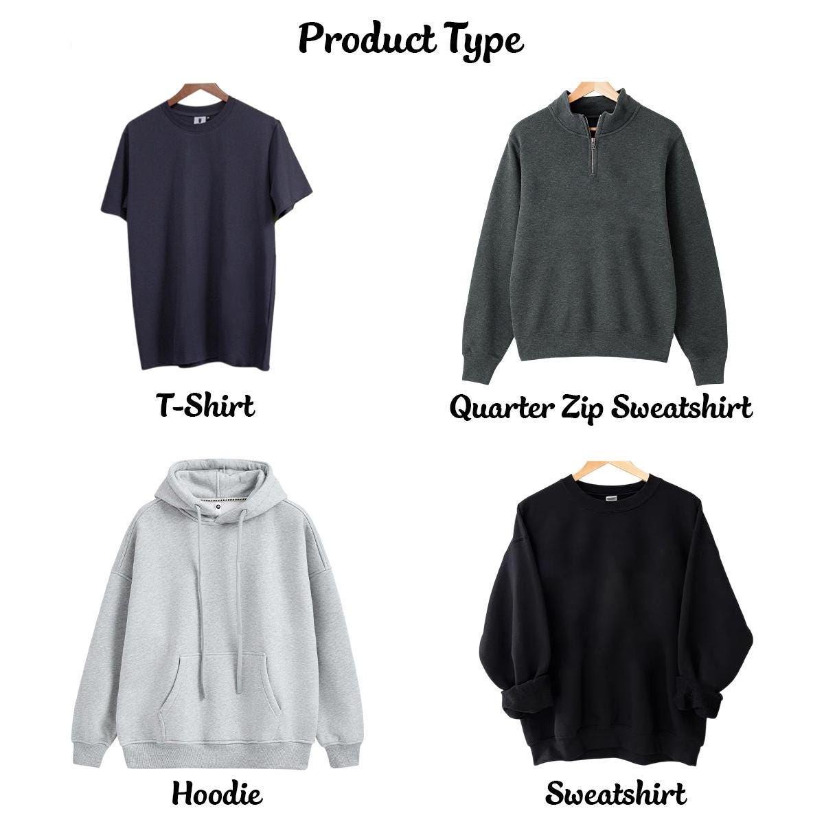 A collection of four garments labeled Product Type: a dark navy short-sleeve T-shirt, a charcoal gray quarter-zip sweatshirt with a metal zipper, a light gray hooded sweatshirt with a front pocket and drawstrings, and a black crewneck sweatshirt.