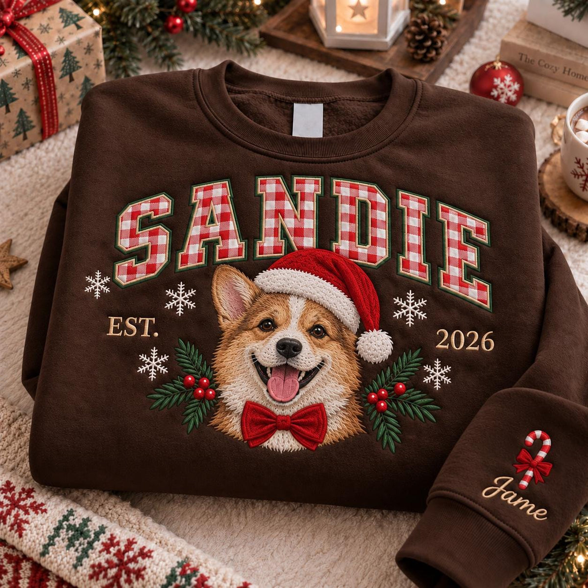 A dark brown crewneck sweatshirt featuring the name SANDIE in red and white gingham block letters. Below, an embroidered Corgi wears a Santa hat and red bow tie, flanked by holly and snowflakes. EST. 2026 is printed, with Jame and a candy cane on the sleeve.