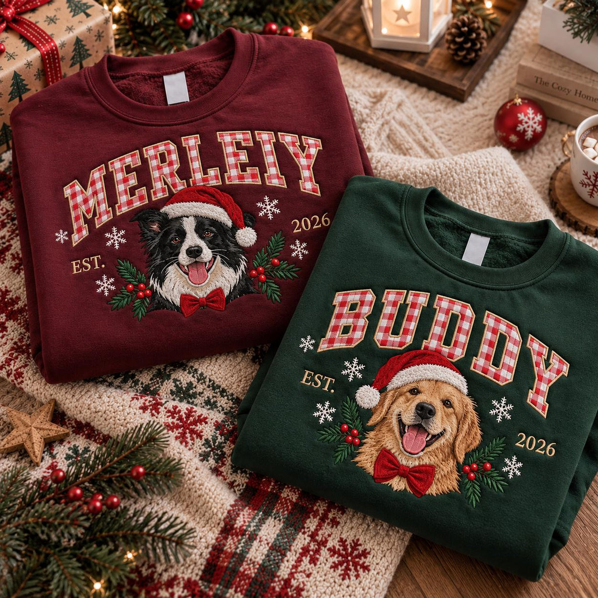 A maroon sweatshirt with the name MERLEIY and a border collie in a Santa hat, and a dark green sweatshirt with the name BUDDY and a golden retriever in a Santa hat. Both feature red plaid lettering, EST. 2026, and snowflakes.
