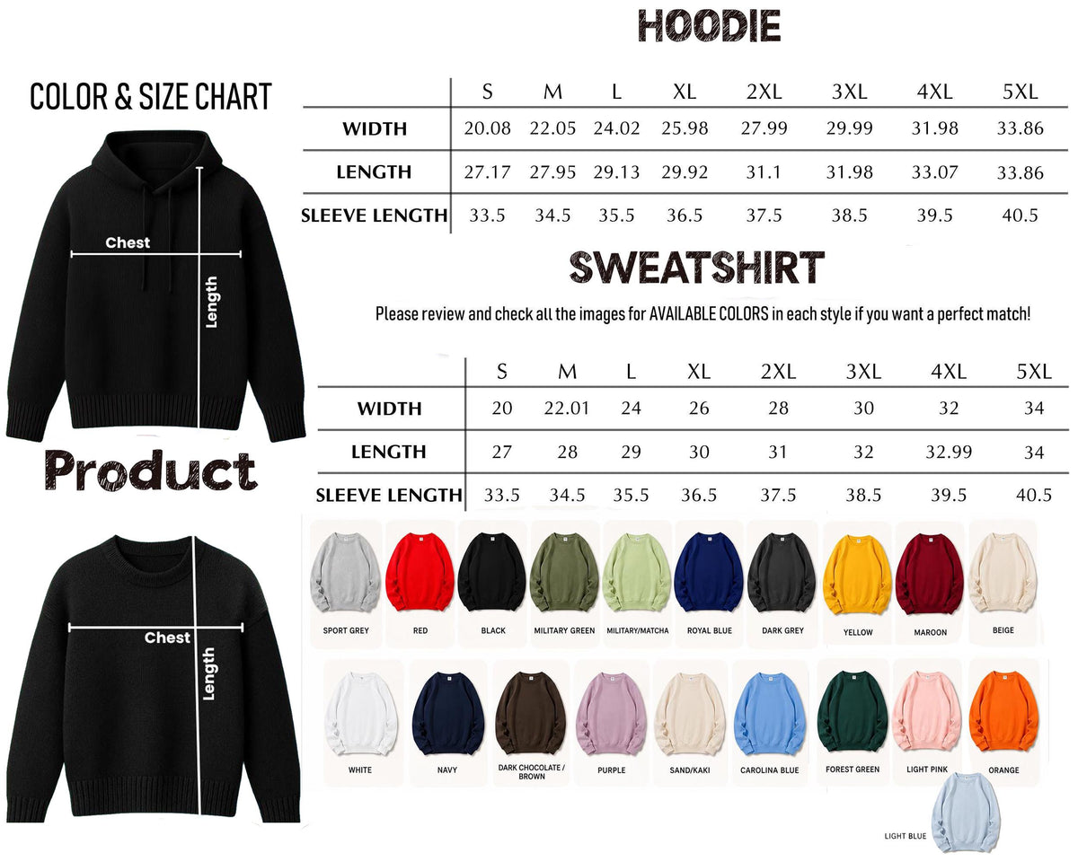 A black hoodie and a black sweatshirt displayed with a color and size chart. The chart includes width, length, and sleeve length measurements in inches for sizes S through 5XL, alongside a grid of various available fabric colors.