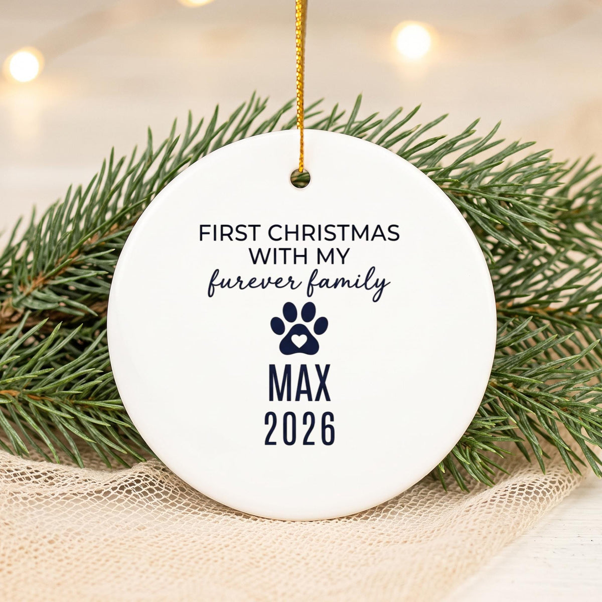 Furever Family First Christmas Ceramic Ornament - Personalized Rescue Dog Or Cat Name & Year - Adoption Gift