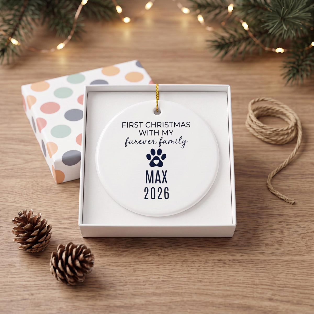 Furever Family First Christmas Ceramic Ornament - Personalized Rescue Dog Or Cat Name & Year - Adoption Gift