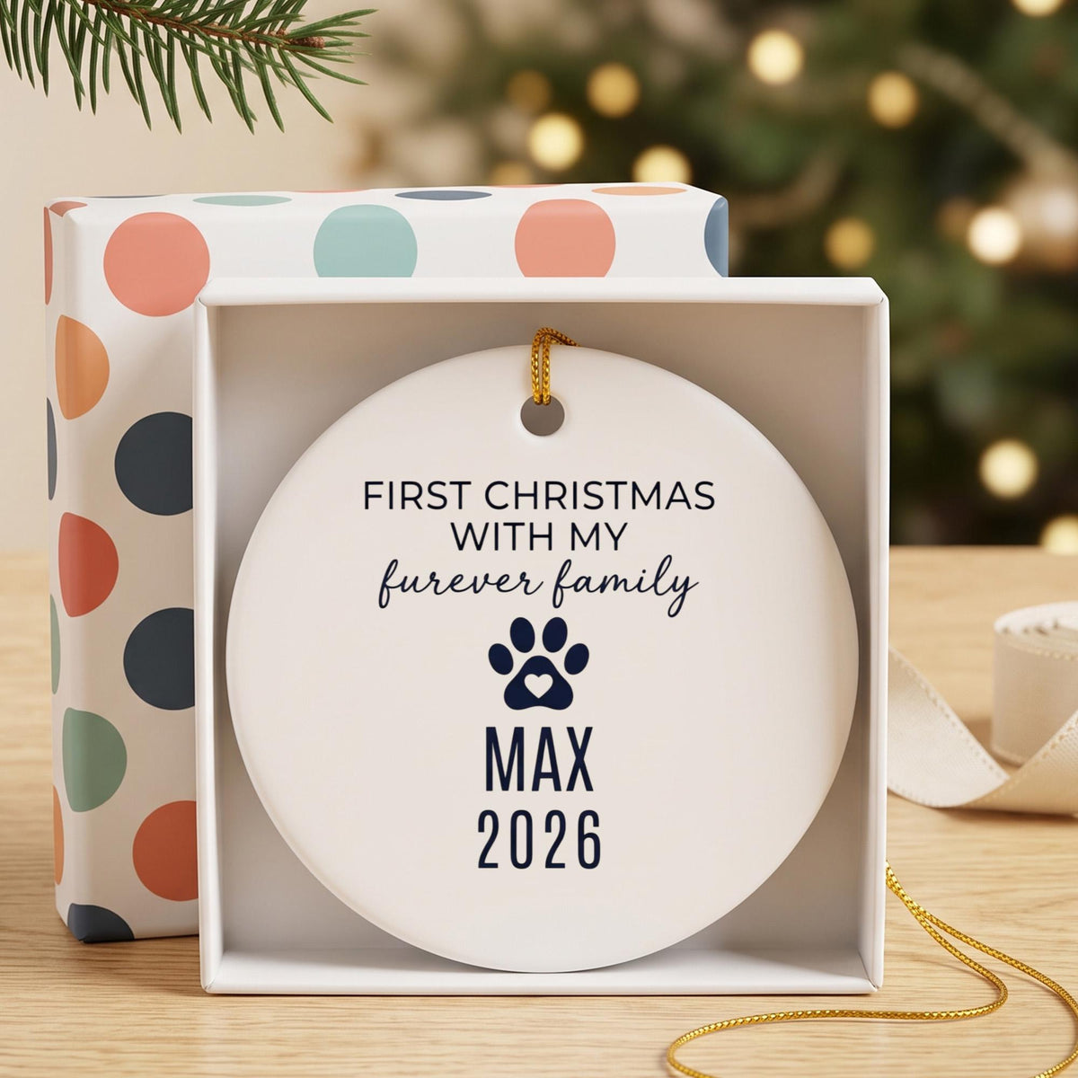 Furever Family First Christmas Ceramic Ornament - Personalized Rescue Dog Or Cat Name & Year - Adoption Gift