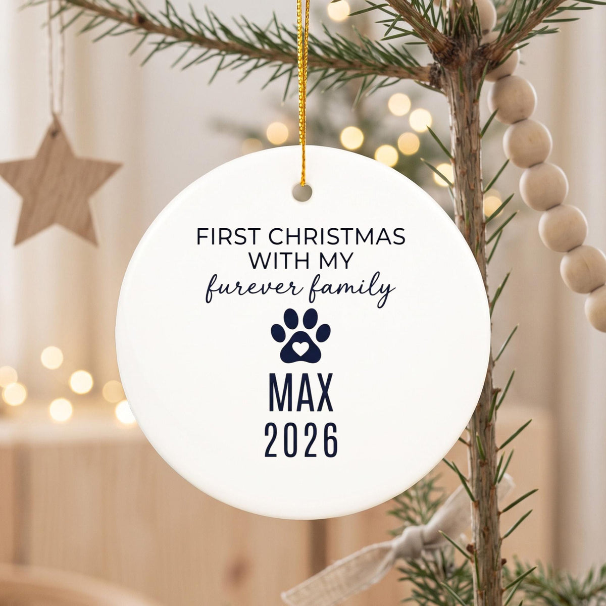 Furever Family First Christmas Ceramic Ornament - Personalized Rescue Dog Or Cat Name & Year - Adoption Gift