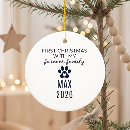 Furever Family First Christmas Ceramic Ornament - Personalized Rescue Dog Or Cat Name & Year - Adoption Gift