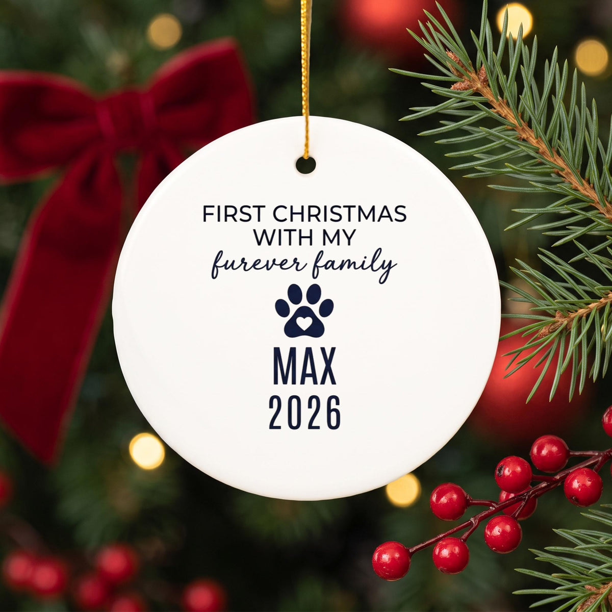 Furever Family First Christmas Ceramic Ornament - Personalized Rescue Dog Or Cat Name & Year - Adoption Gift