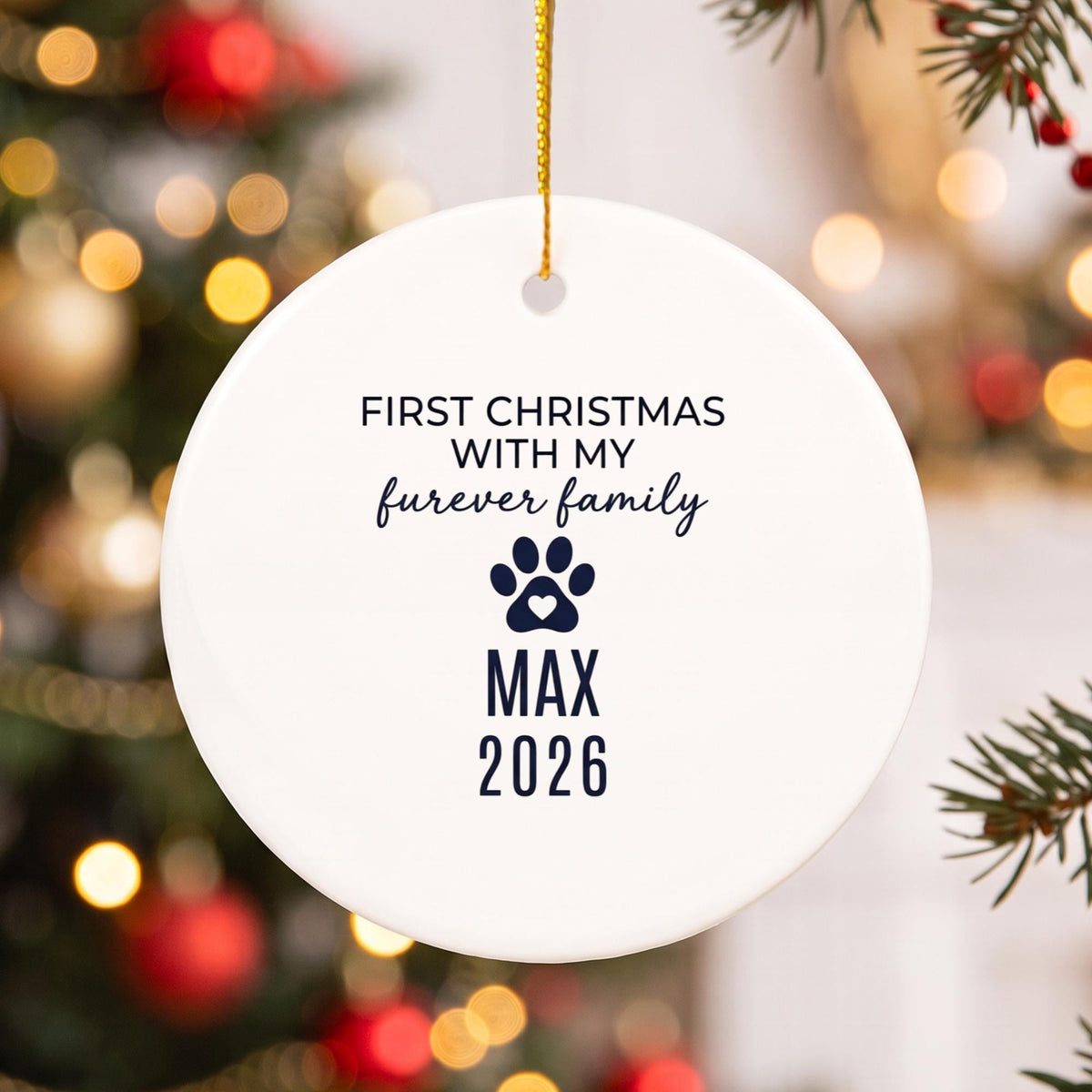 Furever Family First Christmas Ceramic Ornament - Personalized Rescue Dog Or Cat Name & Year - Adoption Gift