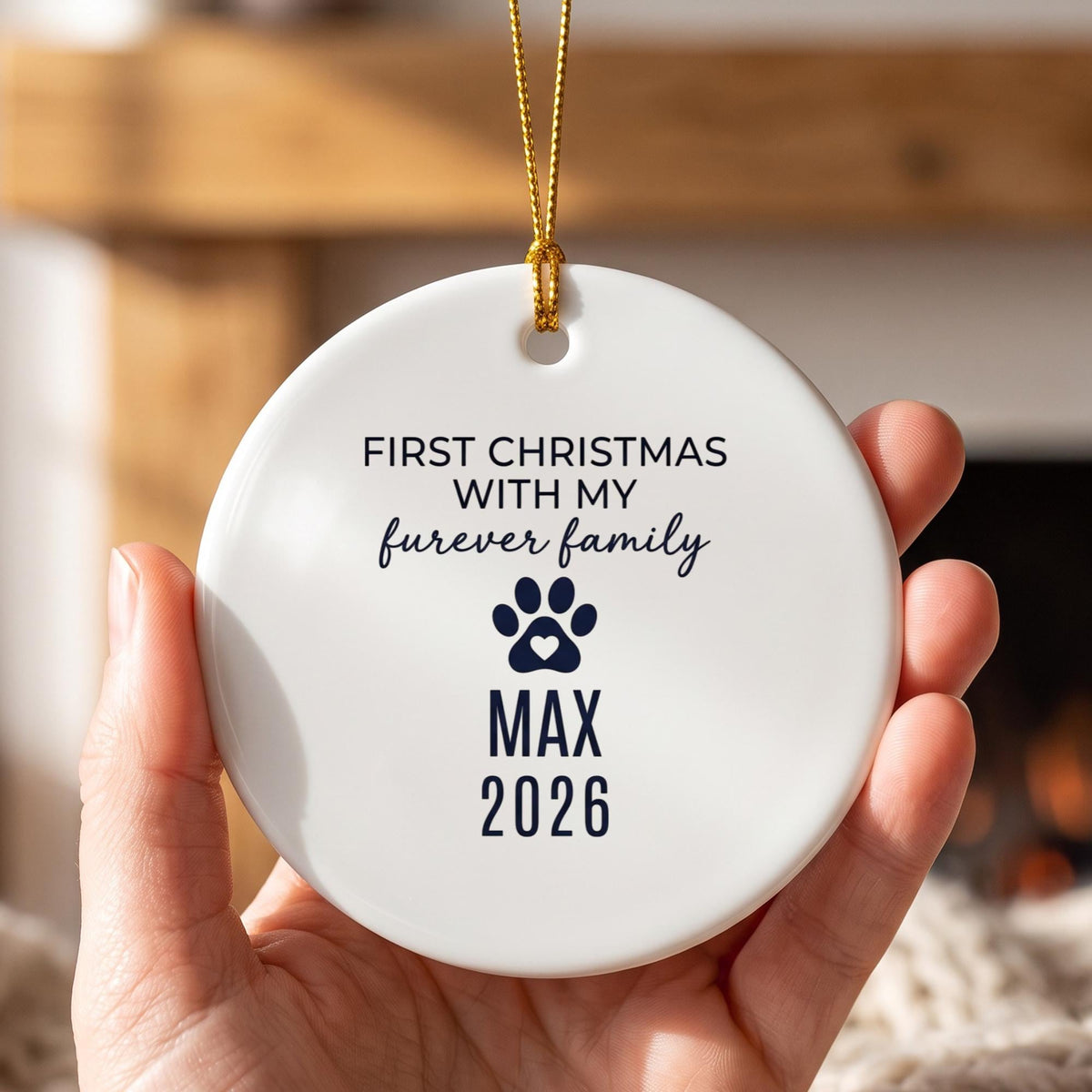 Furever Family First Christmas Ceramic Ornament - Personalized Rescue Dog Or Cat Name & Year - Adoption Gift