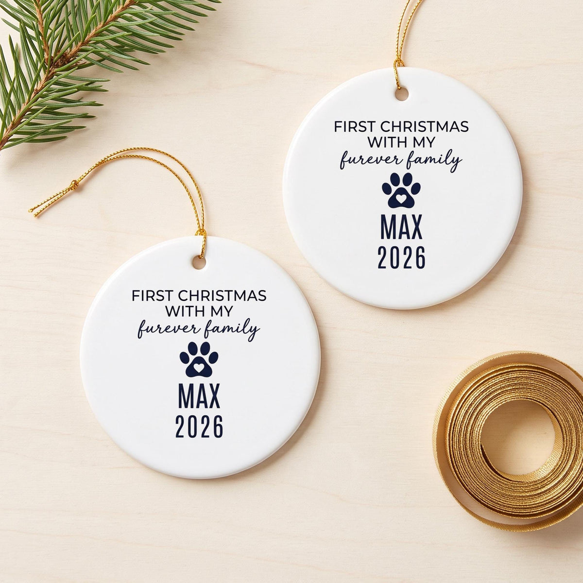 Furever Family First Christmas Ceramic Ornament - Personalized Rescue Dog Or Cat Name & Year - Adoption Gift