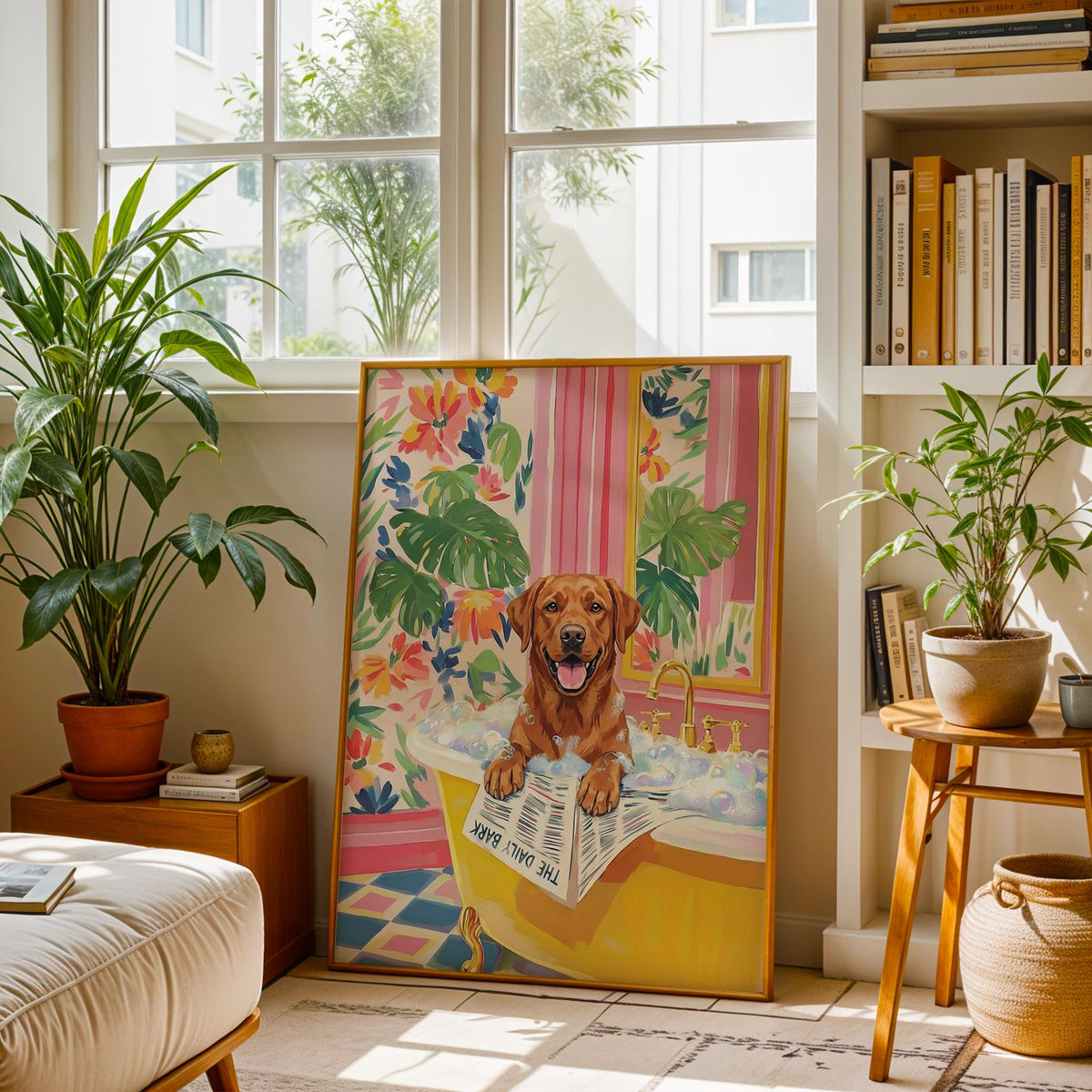 A framed artwork depicts a brown dog in a yellow bathtub filled with bubbles. The dog is holding a newspaper that reads "The Daily Bark." The background features floral wallpaper and pink striped curtains. The artwork is in a room with plants and a window.