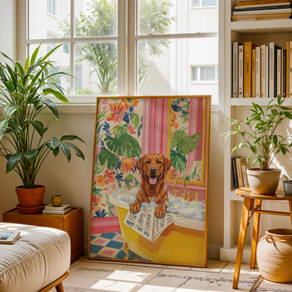 A framed artwork depicts a brown dog in a yellow bathtub filled with bubbles. The dog is holding a newspaper that reads "The Daily Bark." The background features floral wallpaper and pink striped curtains. The artwork is in a room with plants and a window.