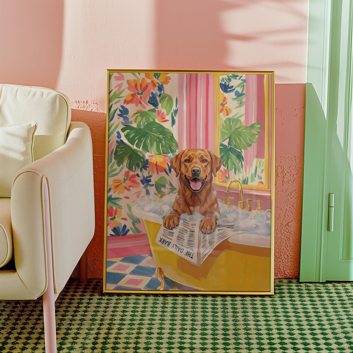 A framed print of a brown Labrador Retriever in a yellow bathtub filled with bubbles. The dog is holding a newspaper that reads "THE DAILY BARK". The background features floral wallpaper and a pink wall.