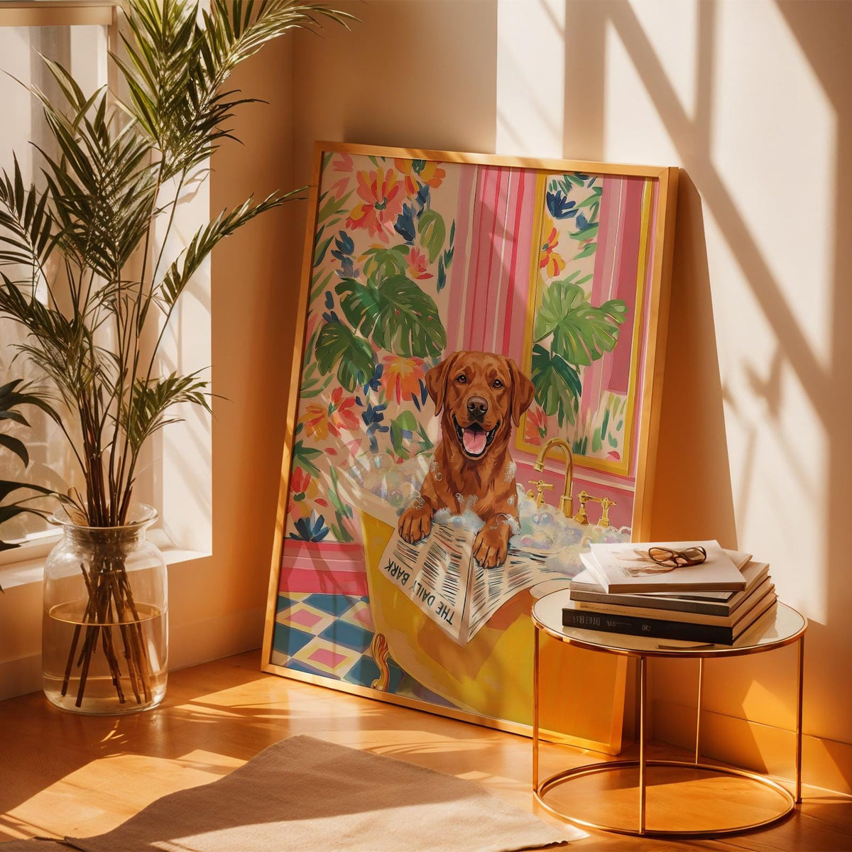 A framed art print depicts a brown dog in a yellow bathtub filled with bubbles. The dog is holding a newspaper that reads "THE DAIL BARK". The background features floral and striped patterns. The artwork is displayed on a wooden floor.