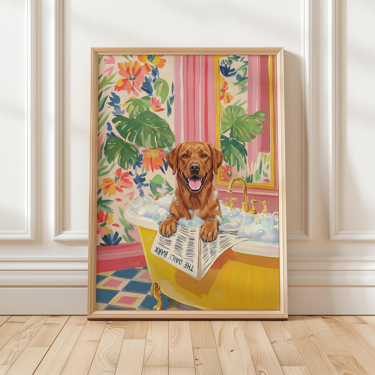 A framed print of a dog in a yellow bathtub filled with bubbles. The dog, a brown Labrador, is holding a newspaper that reads "THE DAILY BARK." The background features floral wallpaper and a pink striped wall.