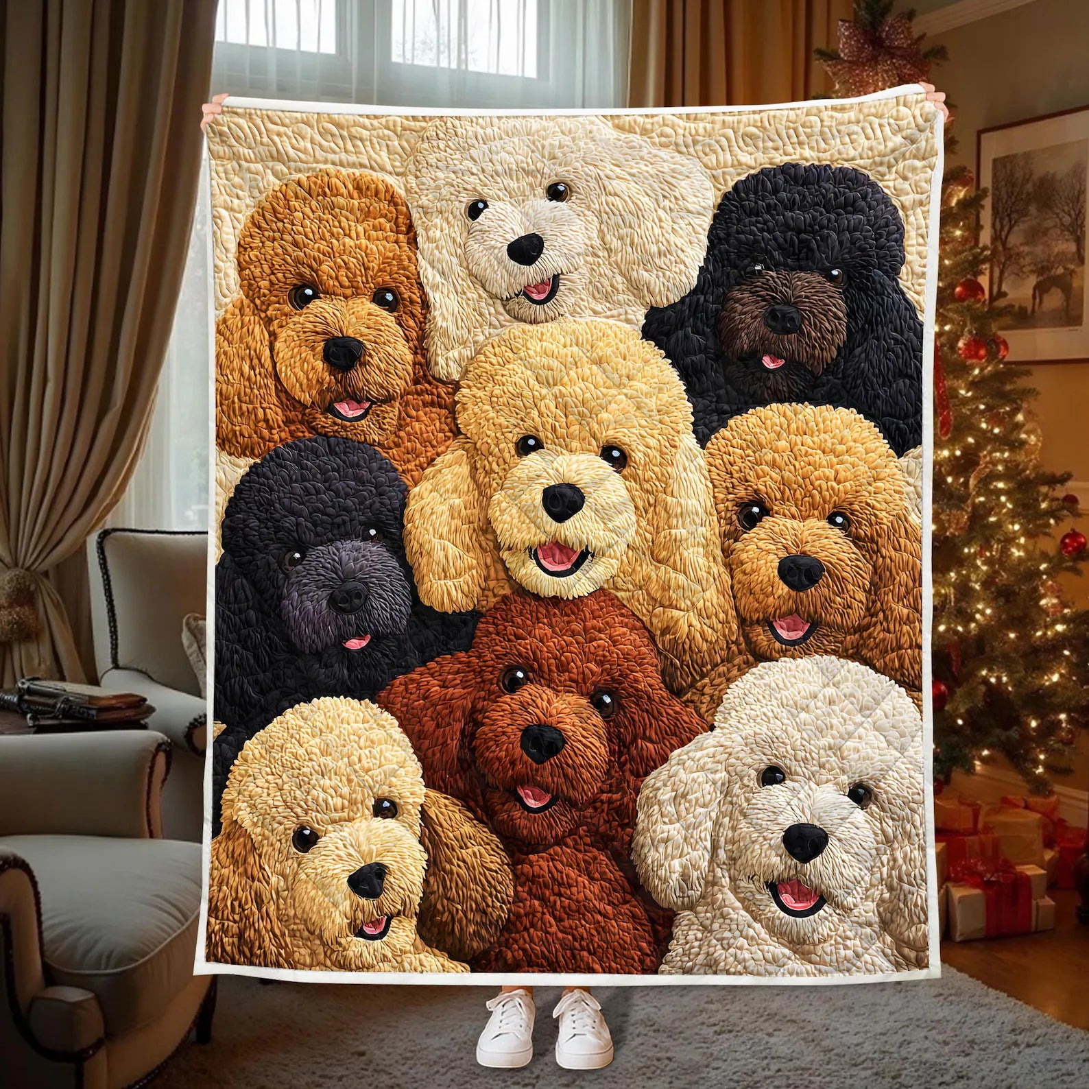 Funny Poodle Dog Quilted Blanket, Cute Puppy Lover Gift, Cozy Pet Throw for Dog Mom Dad