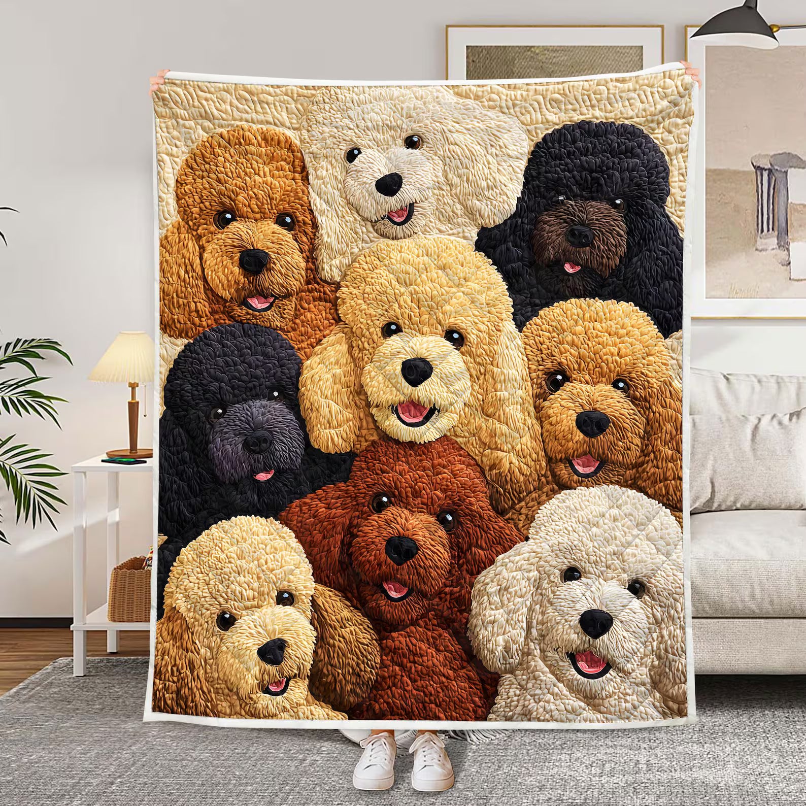 Funny Poodle Dog Quilted Blanket, Cute Puppy Lover Gift, Cozy Pet Throw for Dog Mom Dad