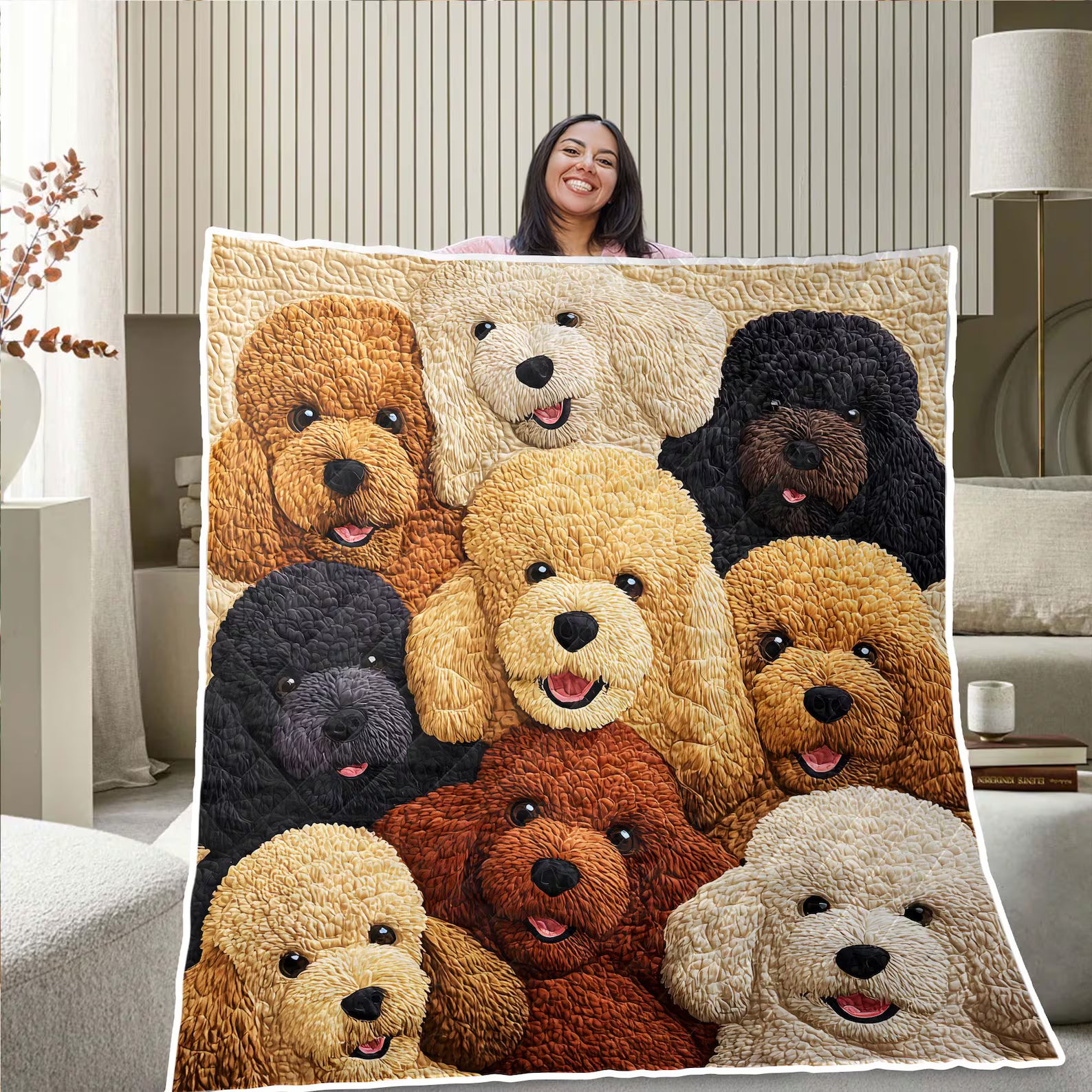 Funny Poodle Dog Quilted Blanket, Cute Puppy Lover Gift, Cozy Pet Throw for Dog Mom Dad