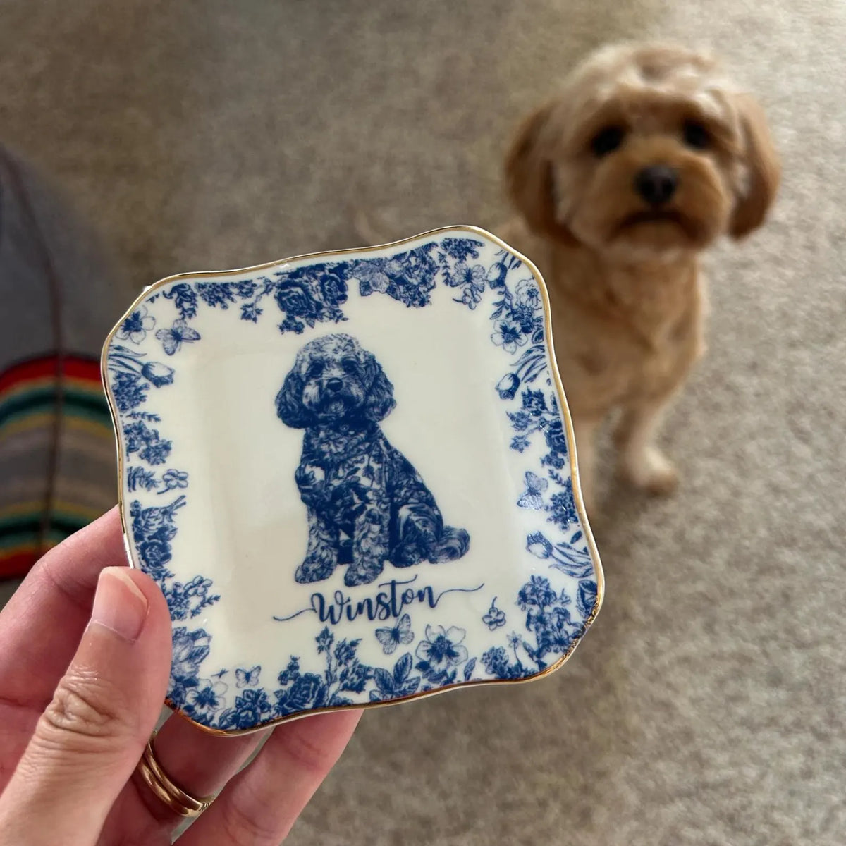 Toile De Jouy Pet Portrait Jewelry Dish - Personalized Dog & Cat Trinket Dish With Name - Dog Mom Gift