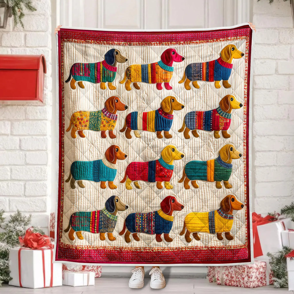 Dachshund Quilt Blanket, Colorful Dog Blanket, Dog Lover Gift, Cozy Printed Quilted Bed Blanket