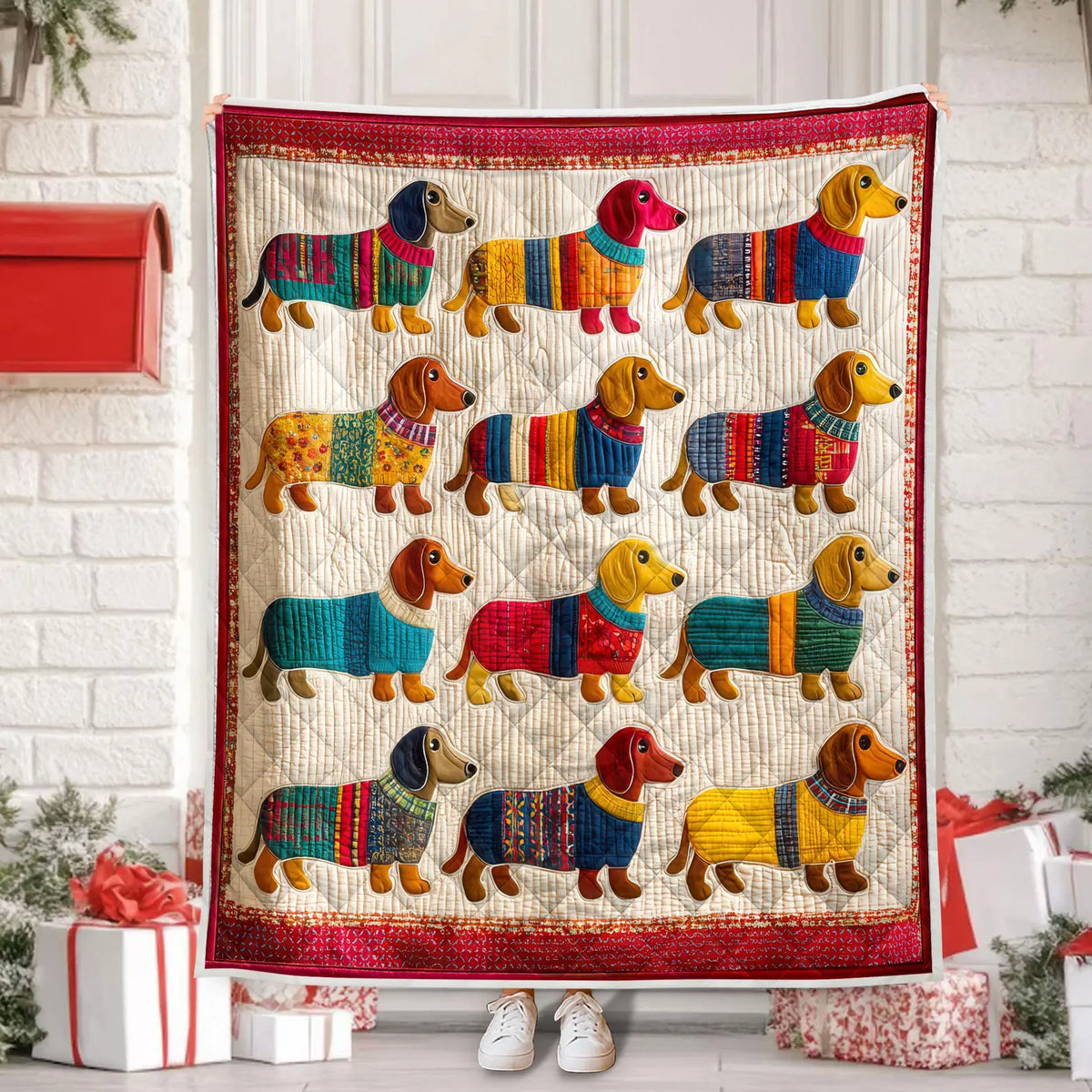 Dachshunds in Sweaters Quilt Blanket - Colorful Doxie Quilted Throw for Sofa & Bed - Gift For Dog Lovers