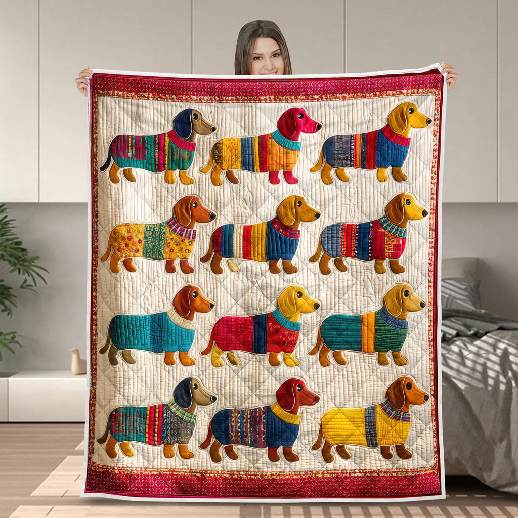 Dachshund Quilt Blanket, Colorful Dog Blanket, Dog Lover Gift, Cozy Printed Quilted Bed Blanket