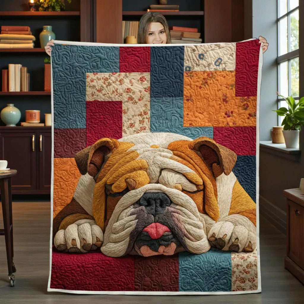 Sleeping Bulldog Quilt Blanket, Dog Throw Blanket, Dog Lover Gift, Quilted Bed Blanket, Dog
