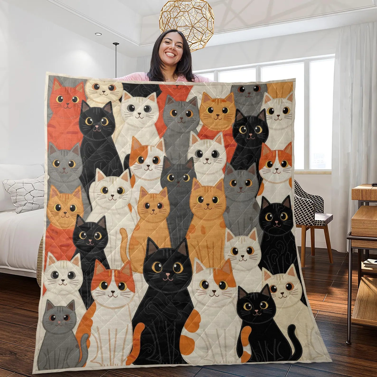 Cat Quilt Blanket, Patchwork Cat Pattern Throw, Multicolor Kitty Sofa Bed Cover