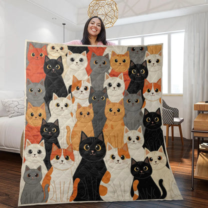Cat Faces Patchwork Quilt Blanket - Multicolor Kitty Throw Quilt for Sofa & Bed - Gift For Cat Lovers