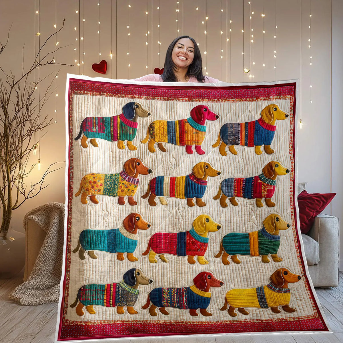 Dachshunds in Sweaters Quilt Blanket - Colorful Doxie Quilted Throw for Sofa & Bed - Gift For Dog Lovers