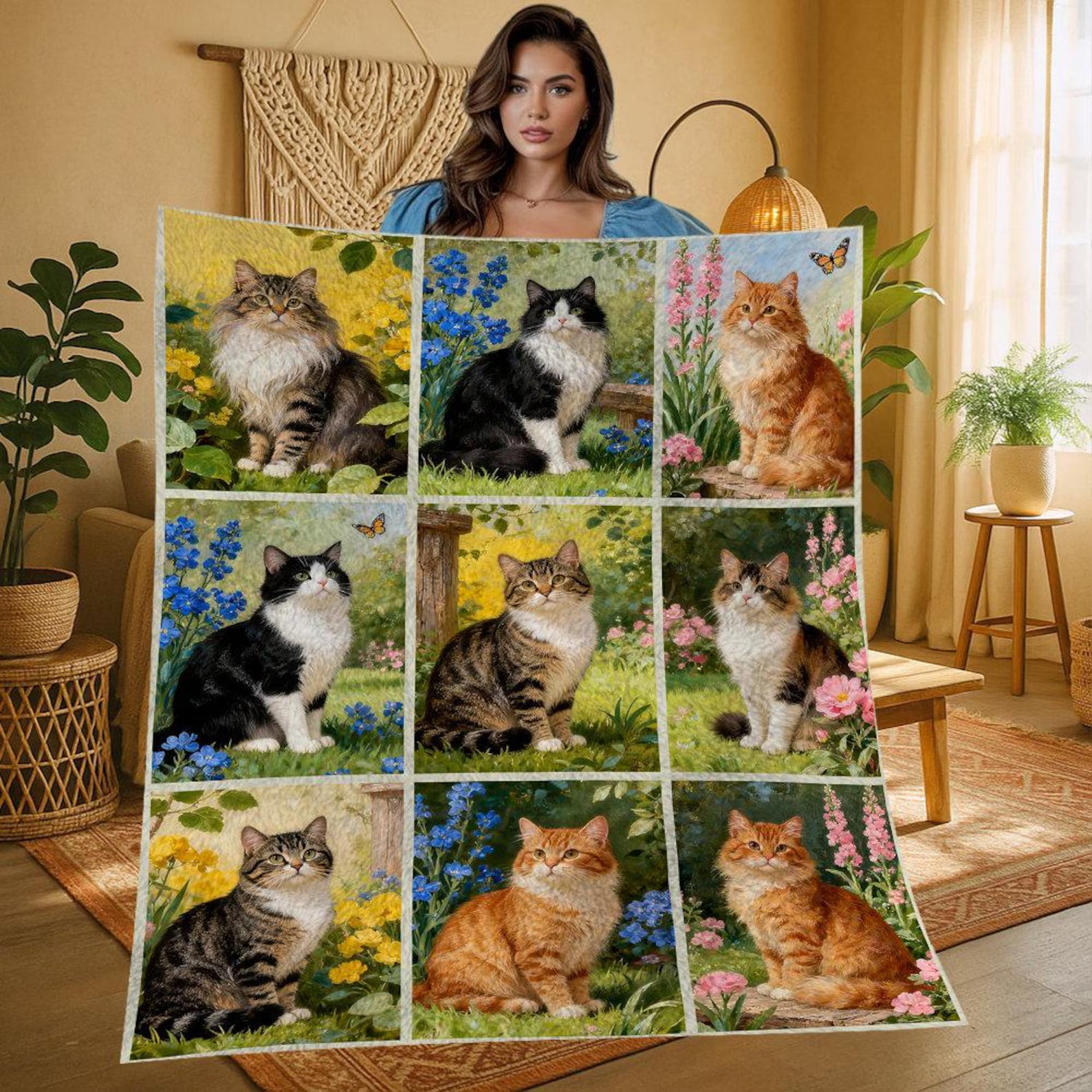 Vintage Floral Cat Fleece Blanket, Personalized Cat Fleece Blanket