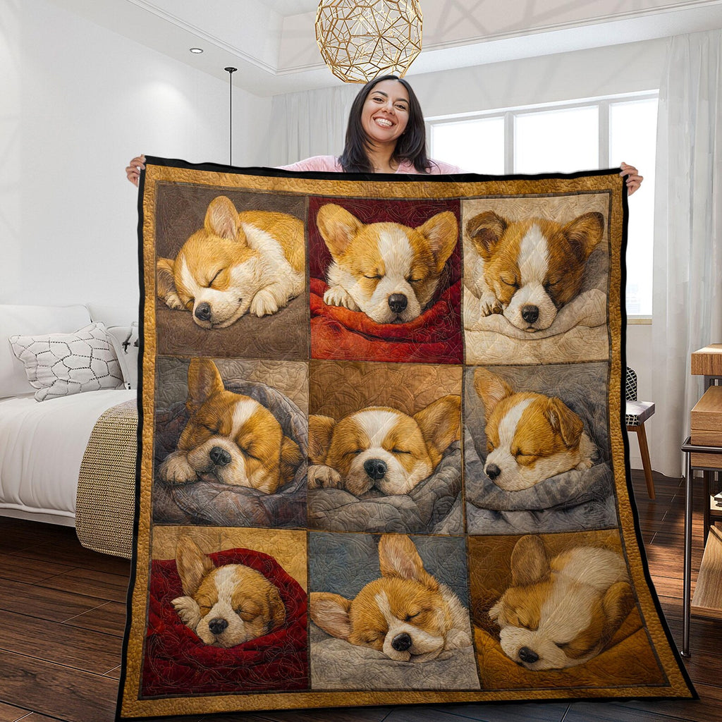 Sleeping Cute Corgi Quilted Blanket, Corgi Dogs Quilt, Corgi Dog Lover Cozy Throw Gift
