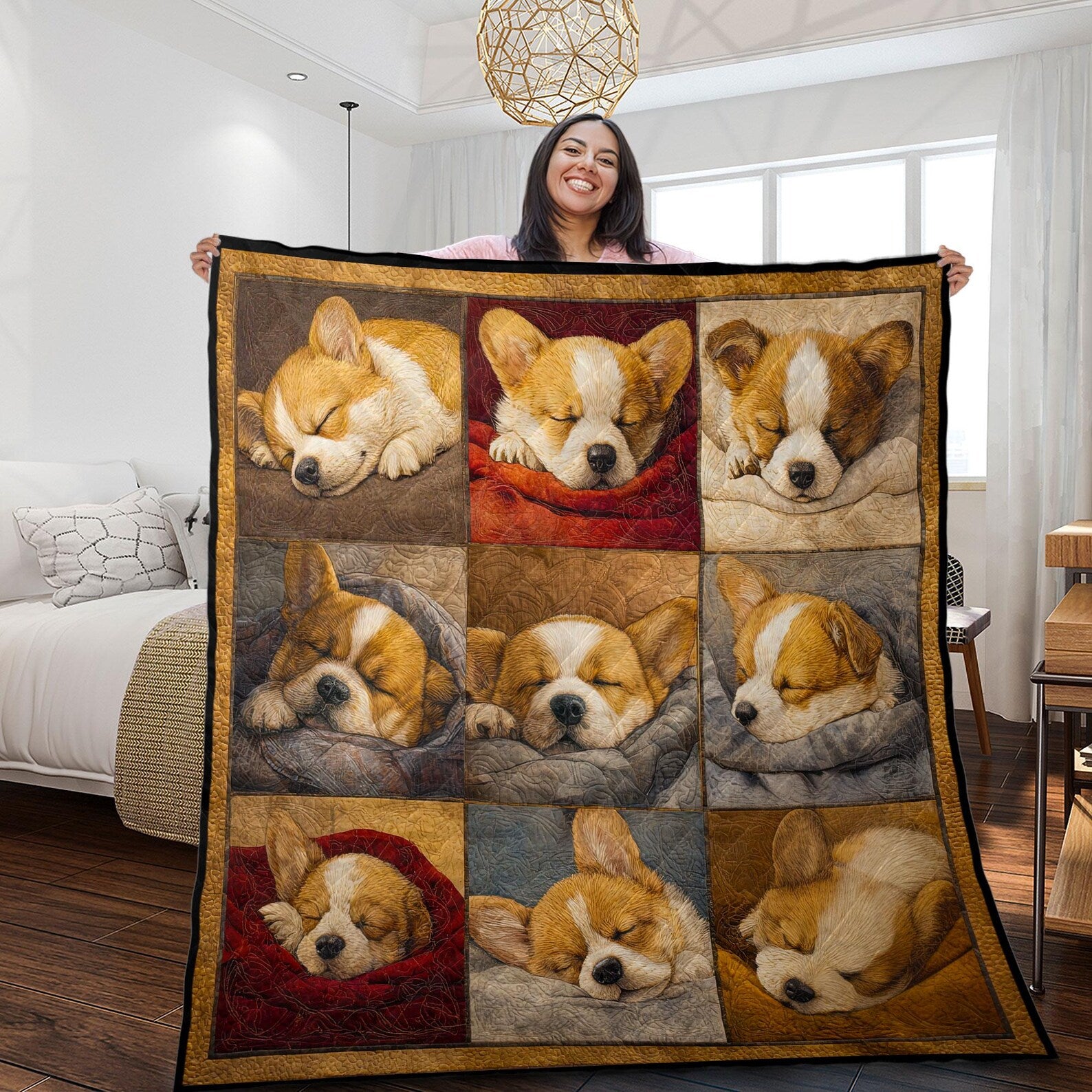 Sleeping Cute Corgi Quilted Blanket, Corgi Dogs Quilt, Corgi Dog Lover Cozy Throw Gift