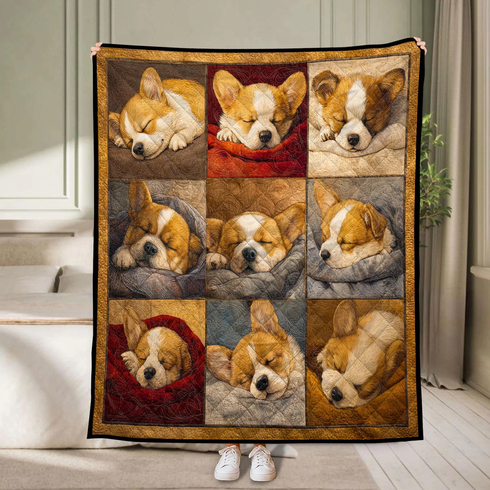 Sleeping Cute Corgi Quilted Blanket, Corgi Dogs Quilt, Corgi Dog Lover Cozy Throw Gift