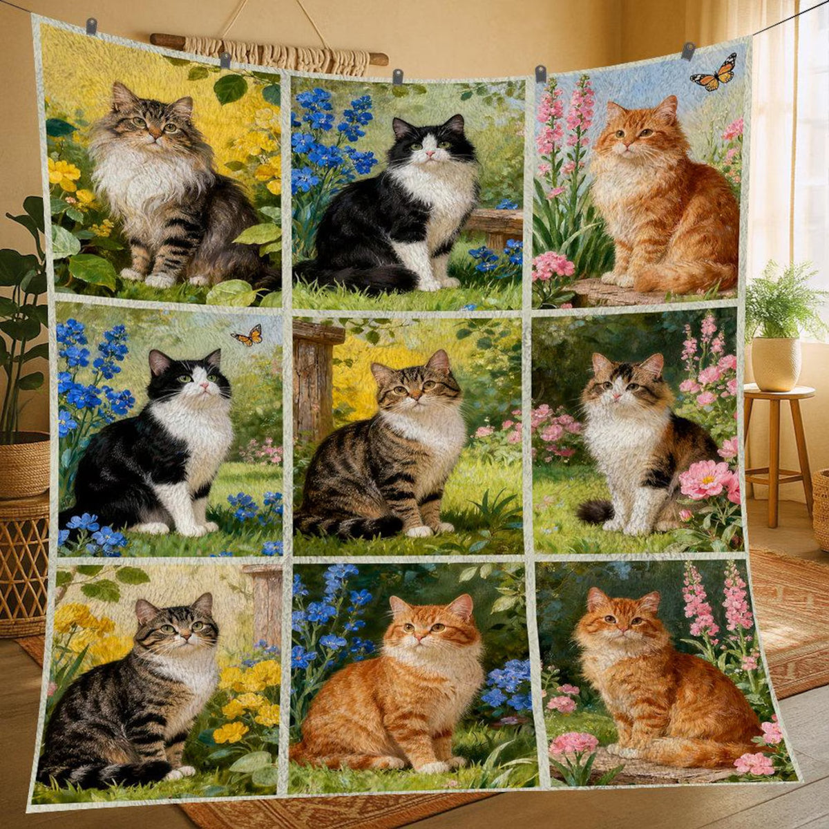 Garden Cats Patchwork Quilt Blanket - Floral Cat Throw Quilt for Sofa & Bed - Gift For Cat Lovers